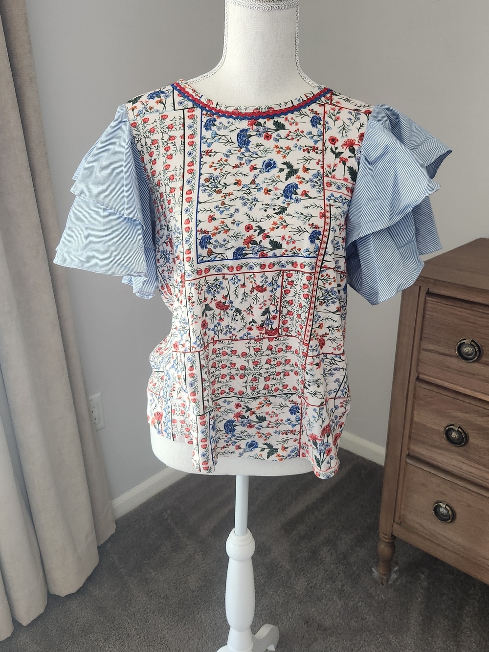 Anthropologie Blue & White Floral Patchwork Ruffle-Sleeve Blouse